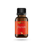 Amber glazen druppelflesje met zwarte dop en roze label met perzik voor Geurolie -perzik